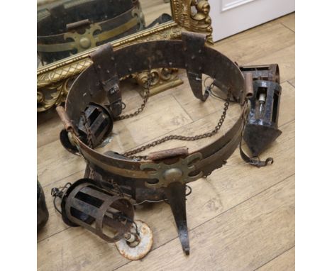 An Arts and Crafts wrought iron and brass lantern Diameter 54cm