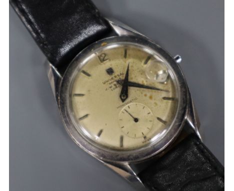 A gentleman's stainless steel Universal Monodatic manual wind wrist watch, retailed by J.W. Benson, on associated leather str