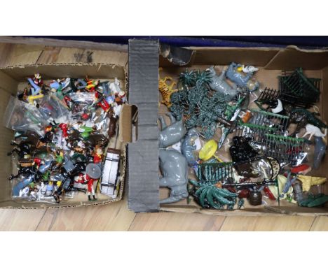A collection of mainly Britains lead and hollow cast figures, including Hunting, Cowboys and Indians, Zoo Animals, Father Chr