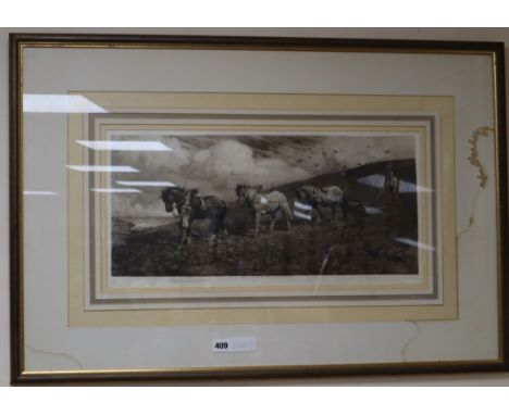 Herbert Thomas Dicksee (1862-1942), etching, Ploughing scene, signed in pencil, 24 x 55cm