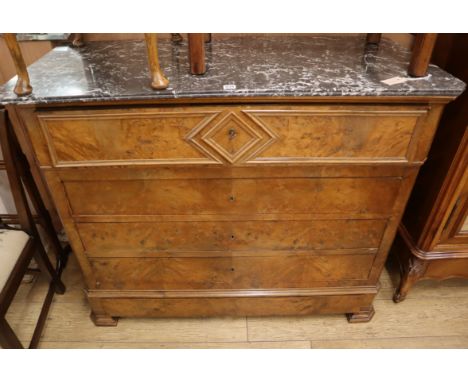 A 19th century French marble top burr wood secretaire commode W.129cm