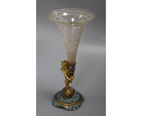 A 19th century French ormolu and champleve enamel epergne, with cherub support and etched glass trumpet, H 28cm