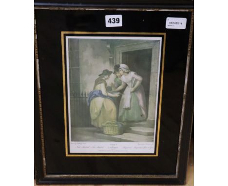 After F. Wheatley, a set of six 'Cries of London' prints in Hogath frames with verre eglomise mounts and a similar larger pri