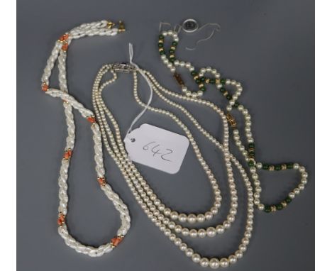 A three-strand cultured pearl necklace, with 9ct white, diamond and sapphire-set clasp and three other items including a pear