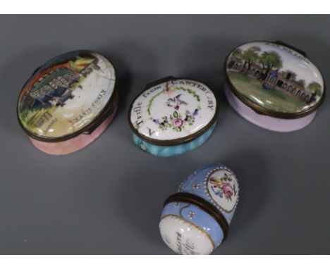Three early 19th century Staffordshire enamel patch boxes and an egg shaped vinaigrette