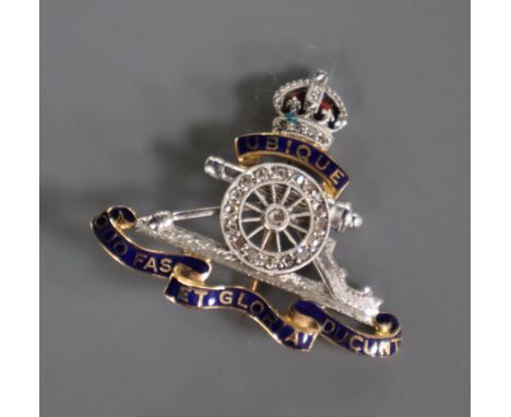 An 18ct and 'plat', enamel and rose cut diamond set Royal Artillery sweethearts brooch, 33mm.