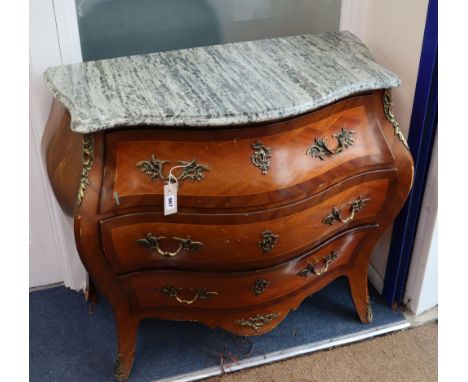 A Louis XVI style marble top bombe commode W.100cm