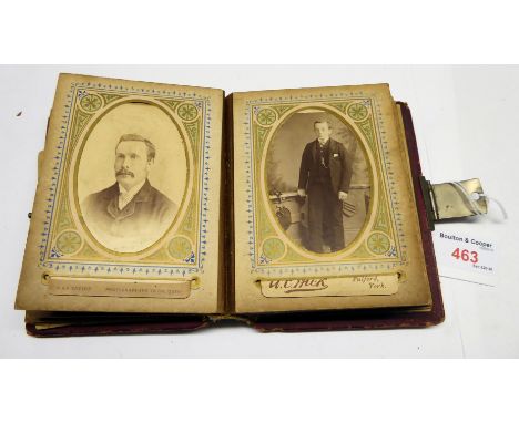 A small Victorian leather Photograph Album and contents of portrait photographs by Boak & Sons of Malton, Hick of Fulford, Br