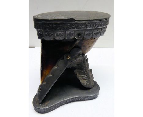 A Table Snuff Box formed from a deer's hoof with engraved metal mounts, 4" (10cms) high.