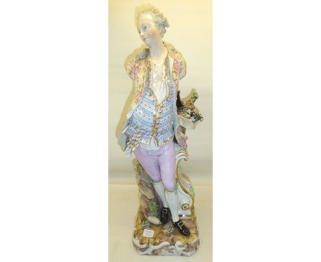 A Meissen Standing Figure of a gentleman with a basket of flowers leaning on a gilt pillar and on a square base 20" (51cms) h