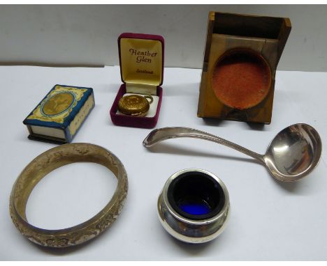 An olive wood Watch Holder, enamel match case, silver salt with blue glass liner etc. 