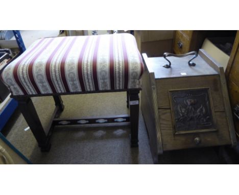 A Georgian design mahogany frame oblong Dressing Stool with upholstered top, on reeded columnar supports and cross stretcher,