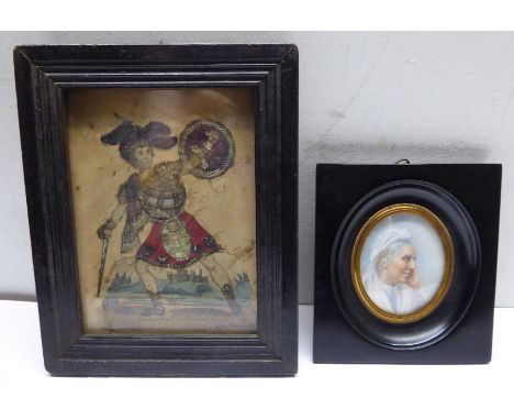 A miniature oval Head and Shoulders Portrait on ivory of an elderly lady in an ebonised frame, and a gilt highlighted Print o