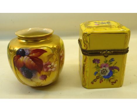 A Royal Worcester Vase painted with fruit and flowers by M Blake within a gilded surround, 3" (8cms) high, and a continental 