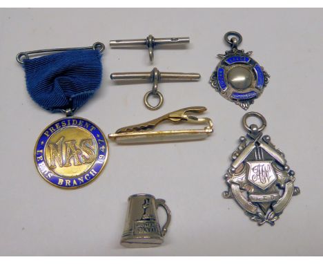 A silver gilt Medallion with enamel decoration, a silver cricketing medallion 1929 and various other items. 