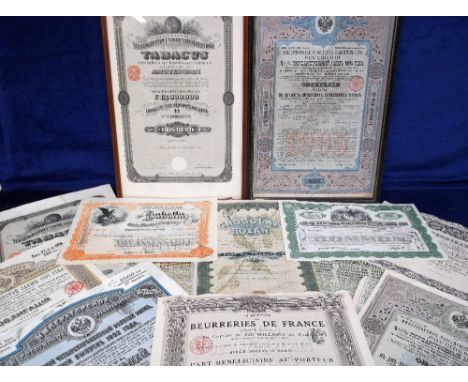 Scripophily, 13 early 20th C share certificates some with coupons attached (2 framed and glazed) examples include shares in C