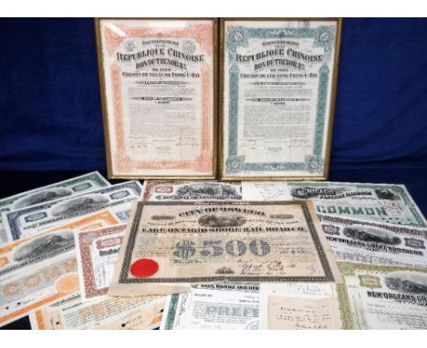 Scripophily, 15 18th/19th C transport related share certificates (2 framed and glazed) to include 'Gulf Mobile and Ohio Railr