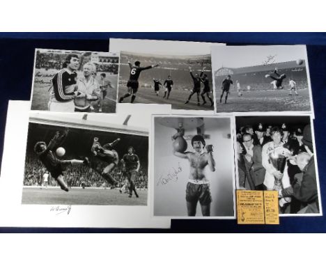 Football autographs, a fine selection of signatures on press photos, covers, postcards etc, various sizes inc. Pat Jennings, 