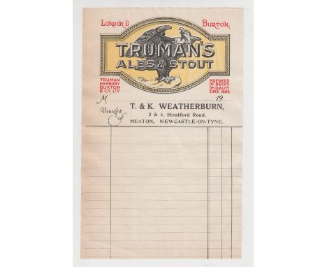 Brewery invoice, Truman's, Ales &amp; Stout invoice for T &amp; K Weatherburn of Newcastle on Tyne printed in the 1930's by F