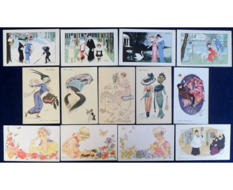Postcards, Glamour, a mixed selection of 13 glamour cards illustrated by Xavier Sager from various series. Themes inc. fashio