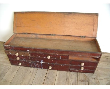 19th/20th C mahogany multi drawer toolbox with hinged lift up top above various drawers (87cm x 25cm 28cm)