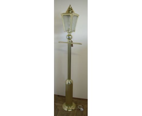 Gilt finished standard lamp in the form of a Victorian street lamp and another with circular base and modern shade (2)