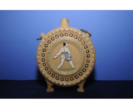 Unusual 19th / 20th C Studio Pottery moon flask with central panels depicting seed scatterer and maiden, with rose twist carr