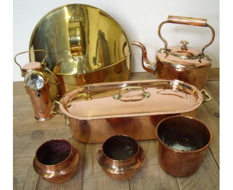 Selection of seven 19th C and later copper ware items including fish kettle, vases, kettle, fire screen and hand held Barnsle