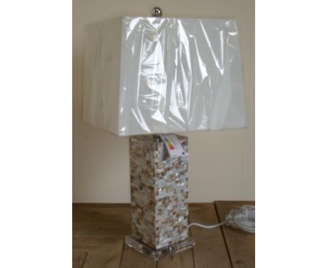 Modern ex shop display table lamp with Mother of Pearl effect square column base and large square canvas shade 