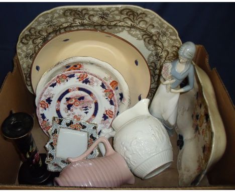 Ladro style figurine, Wedgwood & Barlaston releif moulded jug, meat plates, Prinknash style candlestick etc