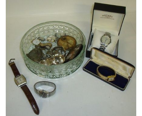 Hobnail glass circular bowl, two silver plated salts and spoons, selection of watches, anchor pendant on chain, identity brac