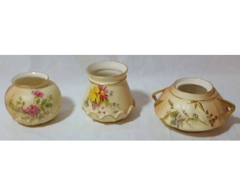 Three Royal Worcester blush ware pots with hand painted floral decoration with painted puce marks to base 