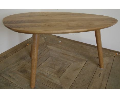 Modern Ercol style elm three legged occasional table with X shaped top (74cm x 41cm x 39cm)