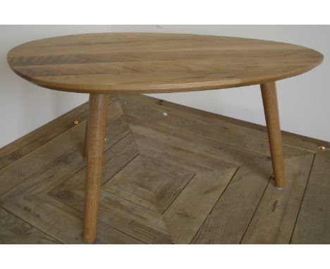 Modern Ercol style elm three legged occasional table with X shaped top (74cm x 41cm x 39cm)