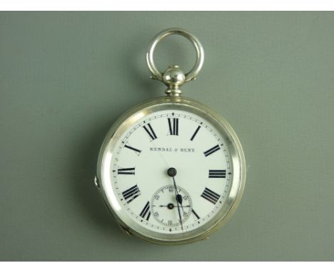 A GENT'S SILVER ENCASED KEYWIND POCKET WATCH having Roman numerals, sweep seconds dial and bearing the name Kendal & Bent
