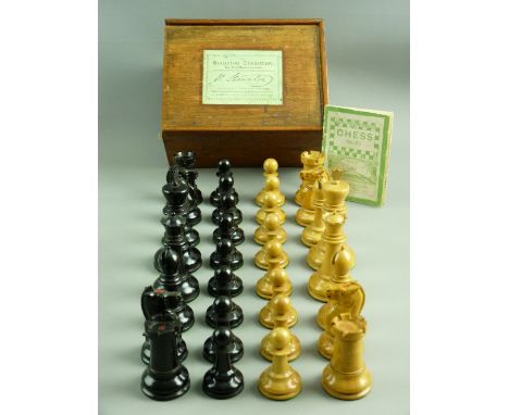 A J JAQUES 'STAUNTON' EBONY & BOXWOOD CHESS SET in original sliding lid box with label, the Kings stamped 'Jaques, London', o