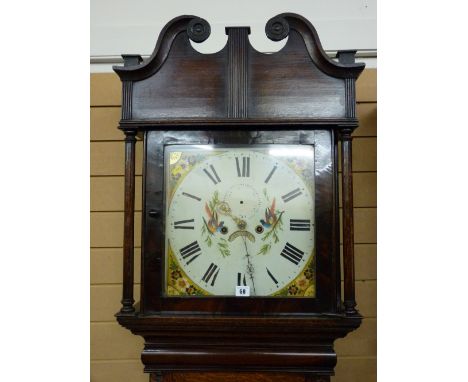 AN EARLY 19th CENTURY OAK & MAHOGANY LONGCASE CLOCK having a 14 ins square dial set with Roman numerals, floral painted spand