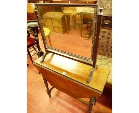 AN EDWARDIAN MAHOGANY TWIN FLAP SIDE TABLE and a vintage oak swing dressing mirror