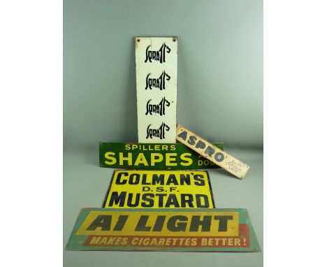 A COLLECTION OF FIVE VINTAGE ENAMEL & TIN ADVERTISING SIGNS including a narrow enamel 'Spratt's' showing the logo repeated in