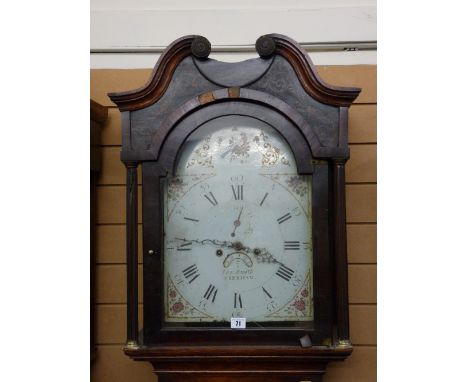 AN EARLY 19th CENTURY OAK & CROSSBANDED MAHOGANY LONGCASE CLOCK by Jos Smith, Wrexham, the hood with swan neck pediment and p