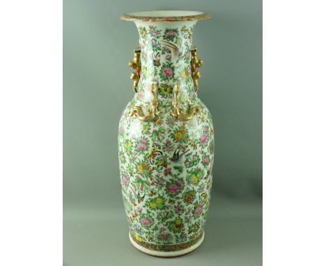 A LARGE CHINESE 19th CENTURY CANTONESE VASE having Famille Rose/Verte abundant decoration of insects, birds and flowers, appl