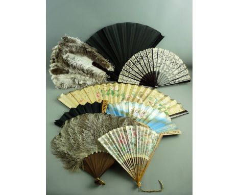 A COLLECTION OF EIGHT VINTAGE HAND HELD FANS including two ostrich feather, printed, painted, pierced woods etc