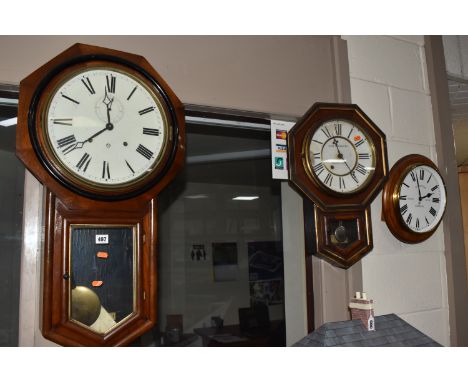 THREE WALL CLOCKS, comprising an eight day clock by the Ansonia Clock Co, New York, height 80cm x width 43cm x depth 12cm, an