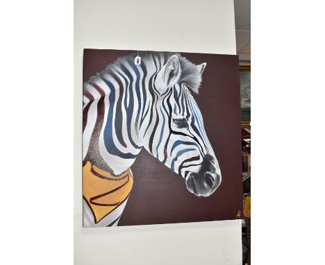 HAYLEY GOODHEAD (BRITISH CONTEMPORARY) 'ZOOPERMAN II', a portrait of a multi-coloured Zebra wearing a Superman inspired banda