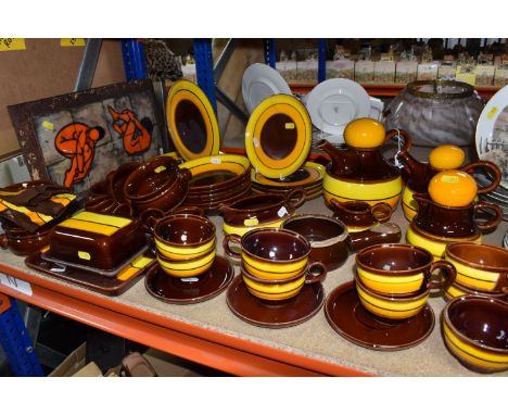 A MID-CENTURY RETRO 'ZELL HAVANNA' GERMAN COFFEE SET AND TABLEWARE comprising a tea pot, a coffee pot, nine cups, three sauce