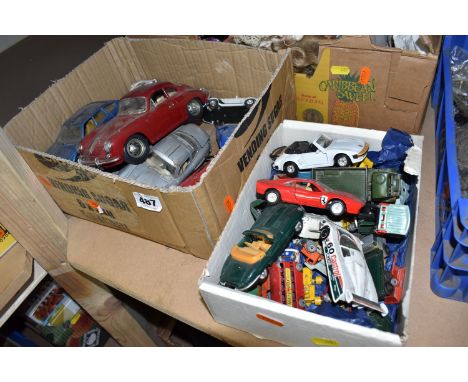 THREE BOXES OF VINTAGE TOYS AND DOLLS to include a box of assorted die-cast vehicles to include Corgi, M.C Toy, Lesney, Dinke