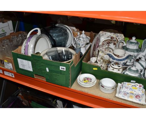 THREE BOXES OF MIXED MISCELLANEOUS GLASSWARE AND CERAMICS to include a quantity of Spode 'Green Camilla' tea and dinner ware 