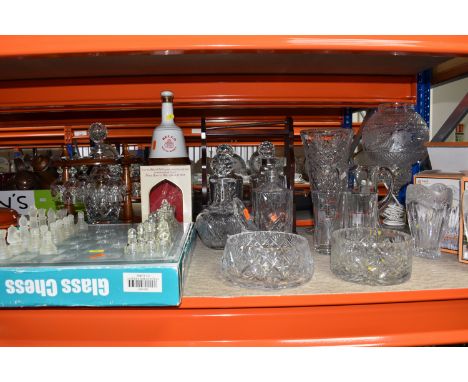 A GROUP OF CUT GLASS AND MISCELLANEOUS ITEMS, to include a Bell's scotch whisky decanter with original box, a glass chess boa