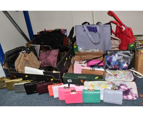 FOUR BOXES OF LADIES' PURSES AND BAGS, to include Ted Baker tote bags in red, lilac and pink, Ted Baker cross body bags, fift