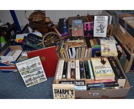 FIVE BOXES AND LOOSE BOOKS AND SUNDRY ITEMS, to include approximately seventy books, titles to include fiction, history, chil